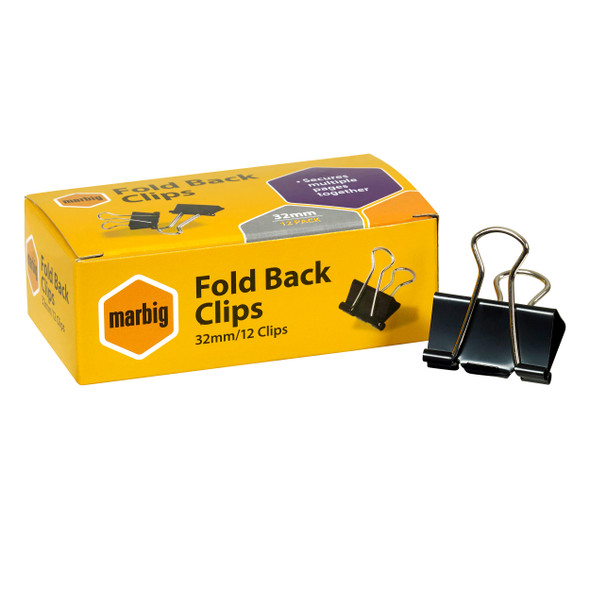 Marbig #87060 Fold Back Clips - 32mm (1 1/4inch) Black Box of 12 - , Marbig clipboard, marbig office supplies, marbig office accessories, marbig dividers, marbig tape, marbig calculator, marbig clips | It's A Mega Thing