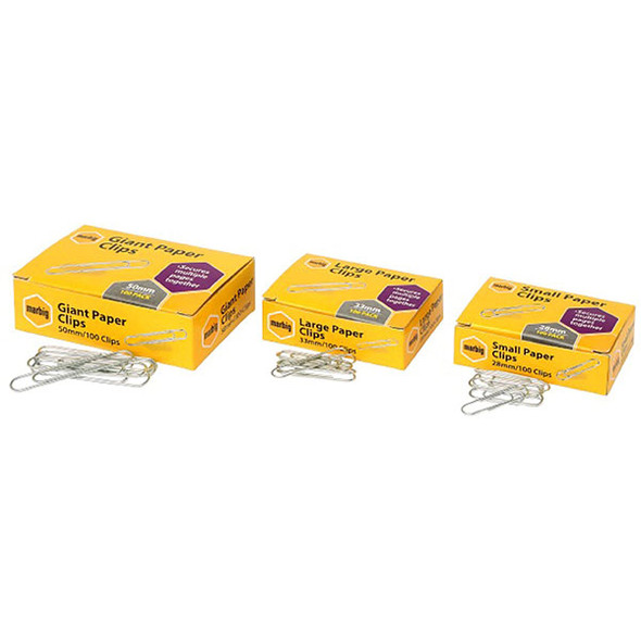 Marbig 28mm Paper Clips Small Chrome Box of 100