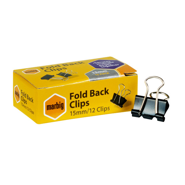 Marbig #87075 Fold Back Clips - 15mm (0.6inch) Black Box of 12 - Marbig, Marbig Australia, marbig folders, marbig binder, marbig clip folder, marbig stockists, marbig archive boxes, marbig documents wallet, marbig file storage | It's A Mega Thing