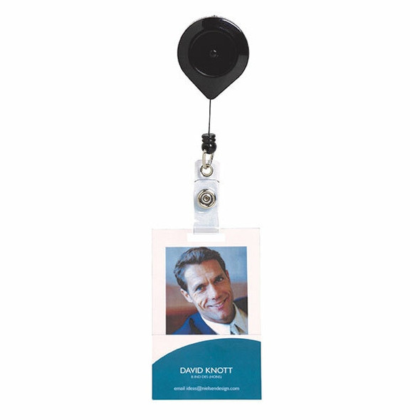 Rexel Retractable Card Holder Lockable with Strap and Nylon Cord Black Hangsell