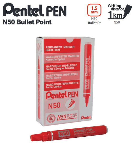Pentel N50 Permanent Marker Bullet Point 1.5mm Red Box of 12