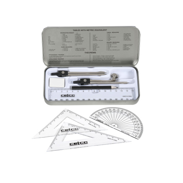 Celco 0039930 Maths Set 909 in tin box with compass, divider, 15 cm ruler, protractor, set squares, pencil and eraser shown with tools displayed