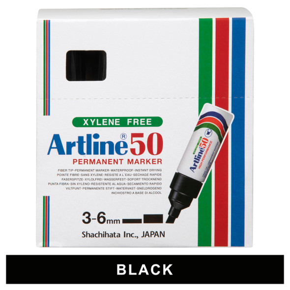 Artline 105001 50 Permanent Marker 6mm Chisel Nib Black Box 12 | Mega Office Supplies