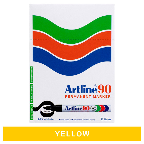 Artline 109007 90 Permanent Marker 5mm Chisel Nib Yellow Box 12 | Mega Office Supplies