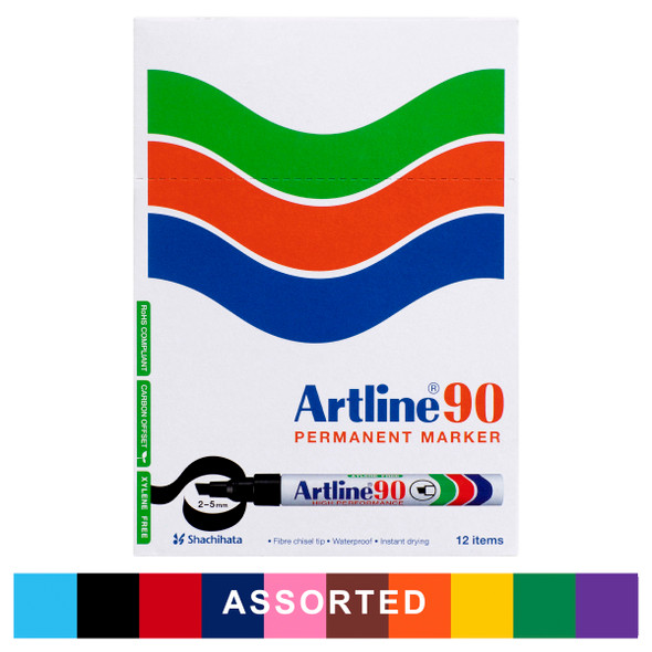 Artline 109041 90 Permanent Marker 5mm Chisel Nib Assorted Box 12 | Mega Office Supplies