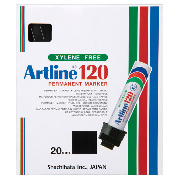 Artline 112001 120 Permanent Marker 20mm Chisel Nib Black Box 6 | Mega Office Supplies