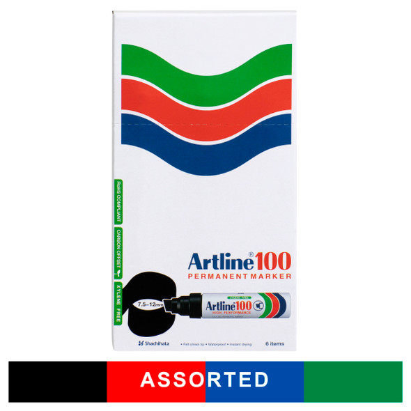 Artline 110041 100 Permanent Marker 12mm Chisel Nib Assorted Box 6 | Mega Office Supplies