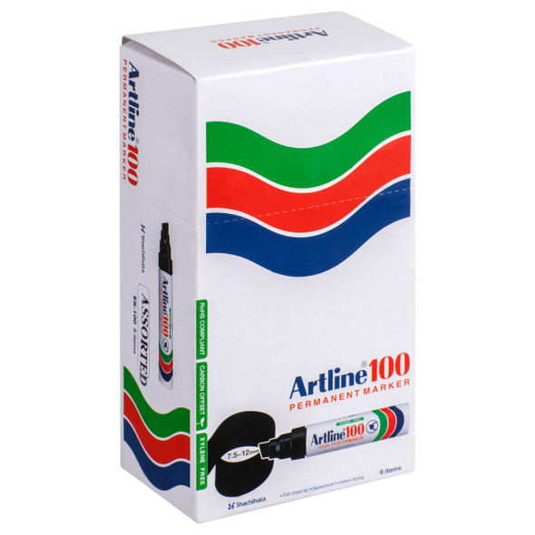 Artline 100 Permanent Marker 12mm Chisel Nib Assorted 110041 Box 6 | Mega Office Supplies