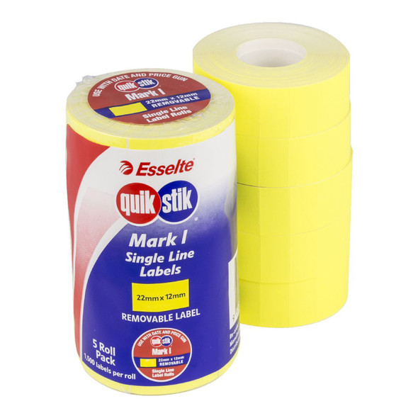 QuikStik Pricing Gun Labels Mark I Removable Fluoro Yellow Pack of 5 Rolls