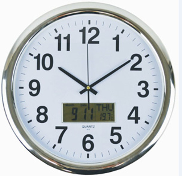 Italplast Round Wall Clock 43cm with LCD Display Date, Month and Temp Chrome Trim
