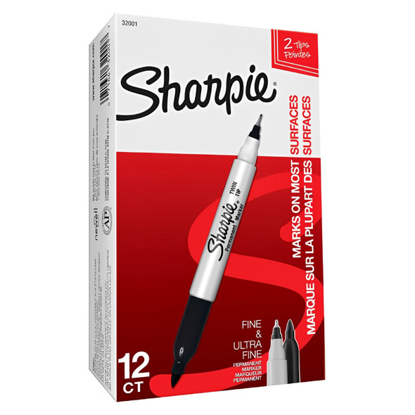 Sharpie Twin Tip Permanent Marker Fine and Ultra Fine Point Black Box of 12
