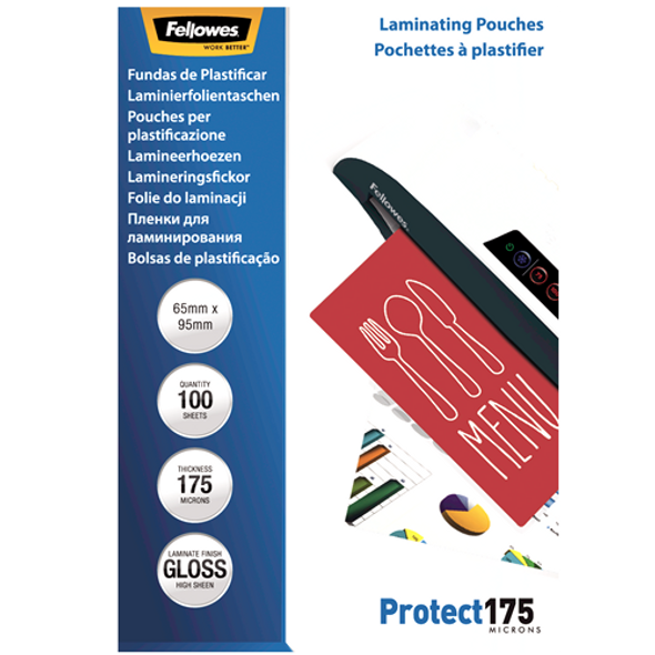 Fellowes Glossy 175 Micron Laminating Pouches 65x95mm 100 Pack