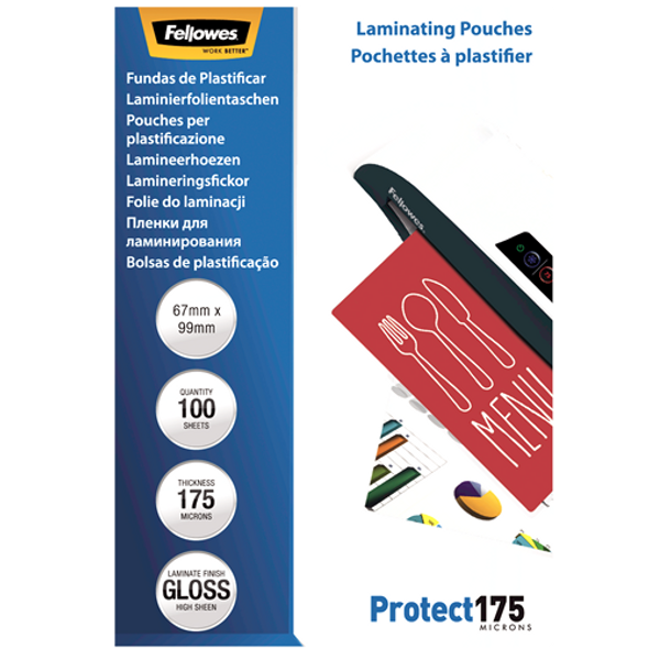 Fellowes Glossy 175 Micron Laminating Pouches 67x99mm 100 Pack
