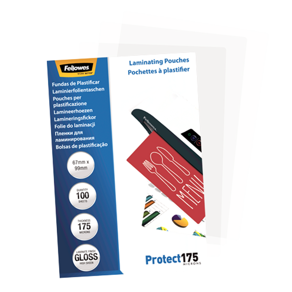 Glossy 175 Micron Laminating Pouches 67x99mm 100 Pack Fellowes