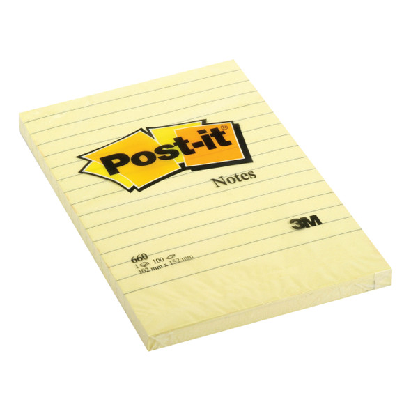 Post-it Notes Lined Canary Yellow 101 x 152mm 100 Sheets 660