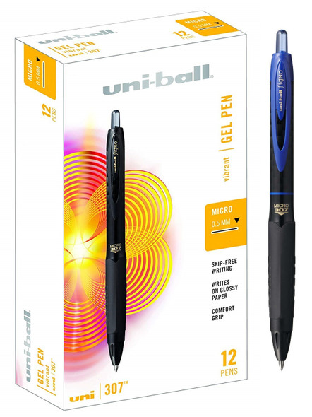 Uni-Ball Signo 307 (UMN-307M) Gel Ink Rollerball Pen Retractable Micro 0.5mm Blue - Box of 12 - Uniball Rollerball Pen, Uni Ball Pens, Uniball Markers, Uni-Ball Markers, posca pens, posca markers | It's A Mega Thing