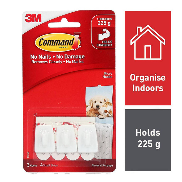 Command Micro Hooks package contents including three hooks and four adhesive strips Command Micro Hooks package contents including three hooks and four adhesive strips