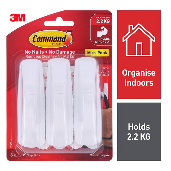 Command Large White Hooks 3 Pack Up To 2kg