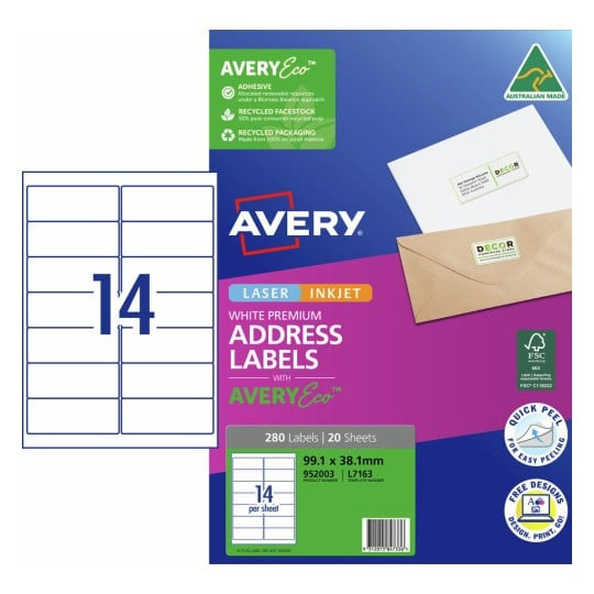 Avery 952003 premium address labels with AveryEco 14 per sheet 99.1 x 38.1mm pack of 20