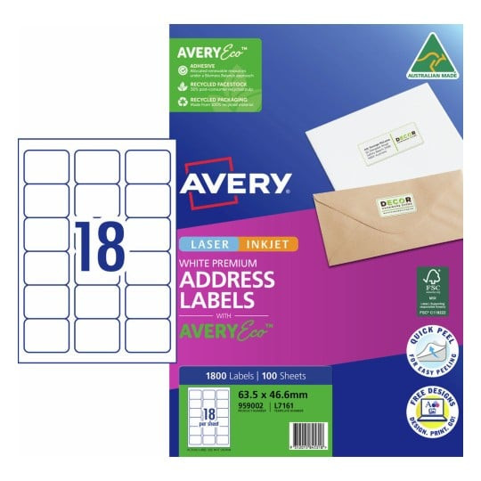 Avery 959002 premium address labels with AveryEco pack shot showing 18 labels per sheet 63.5 x 46.6mm pack of 100