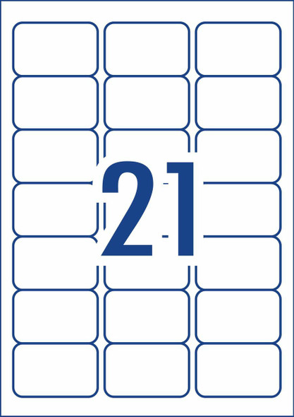 Label layout diagram showing 21 rectangular labels per A4 sheet for 63.5 x 38.1mm size