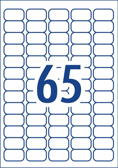 Label layout diagram showing 65 small rectangular labels per A4 sheet for 38.1 x 21.2mm size