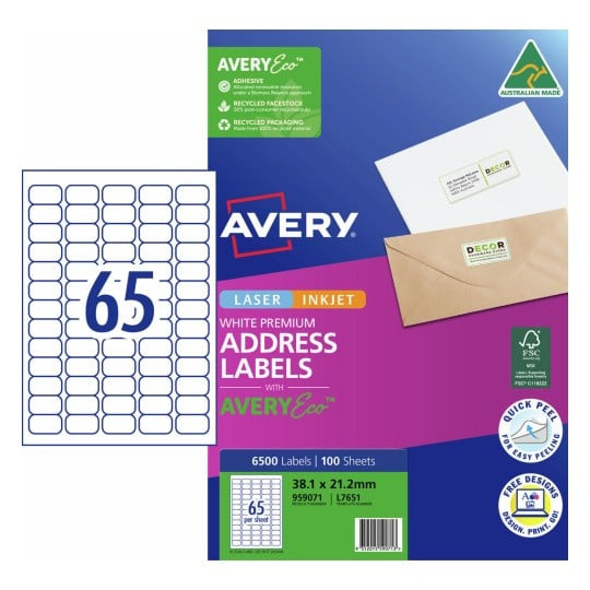 Avery 959071 premium address labels with AveryEco pack shot showing 65 labels per sheet 38.1 x 21.2mm pack of 100