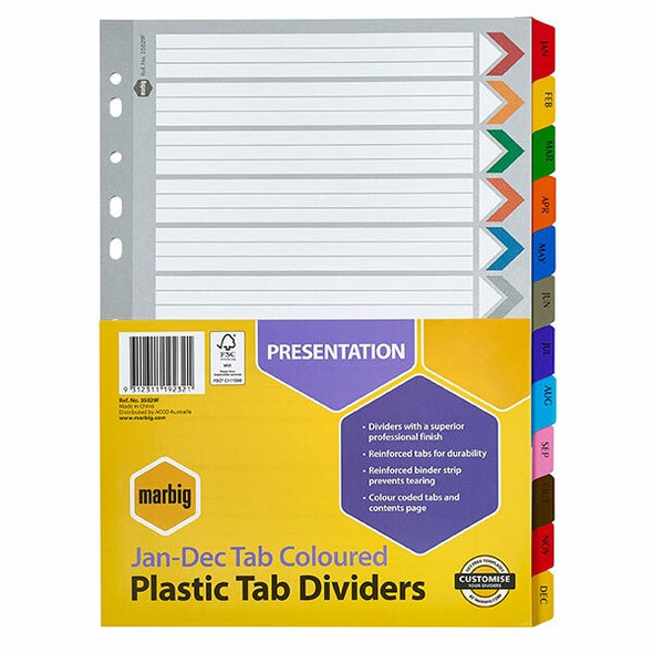 Marbig Indices and Dividers Jan-Dec Tab Reinforced A4 Multi Colour