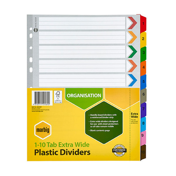 Marbig Indices and Dividers 1-10 Tab Manilla A4 Extra Wide Multi Colour