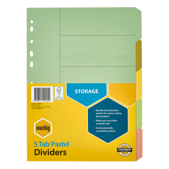 Marbig Indices and Dividers 5 Tab Manilla A4 Pastel