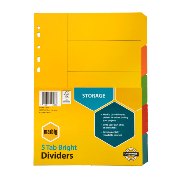 Marbig #37100F A4 Manilla 5 Tab Bright Dividers Multicolour - Marbig, Marbig Australia, marbig folders, marbig binder, marbig clip folder, marbig stockists, marbig archive boxes, marbig documents wallet | It's A Mega Thing