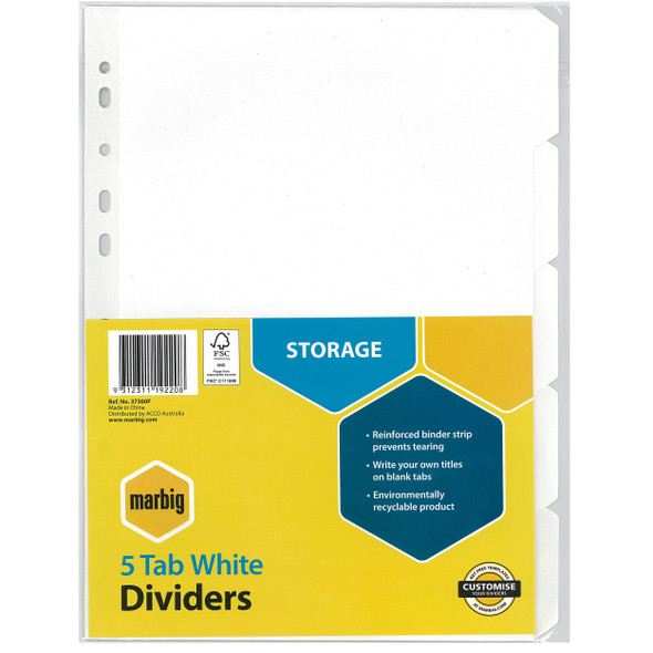 Marbig #37300F A4 Manilla 5 Tab White Dividers with Reinforced Strip White - Marbig, Marbig Australia, marbig folders, marbig binder, marbig clip folder, marbig stockists, marbig archive boxes, marbig documents wallet | It's A Mega Thing