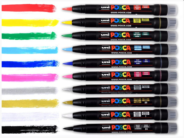 Posca Paint Marker Pen PCF-350 Brush Tip Bundle of 10 Individual Colours
