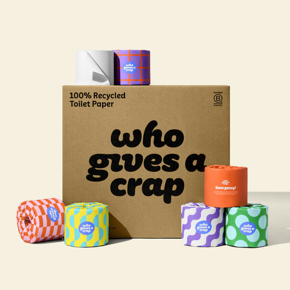 Box of Who Gives A Crap 100% Recycled Toilet Paper with individually wrapped colourful rolls – 48 pack bulk carton