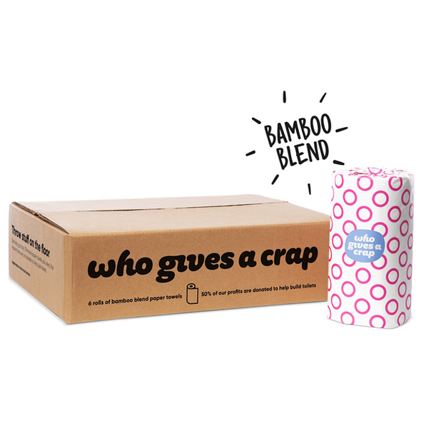 Carton of Who Gives A Crap kitchen paper with one roll displayed – made from bamboo and sugarcane blend Carton of Who Gives A Crap kitchen paper with one roll displayed – made from bamboo and sugarcane blend