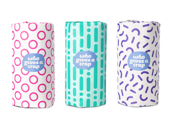 Three colourful rolls of Who Gives A Crap forest-friendly kitchen paper – plastic-free and pattern-wrapped Three colourful rolls of Who Gives A Crap forest-friendly kitchen paper – plastic-free and pattern-wrapped