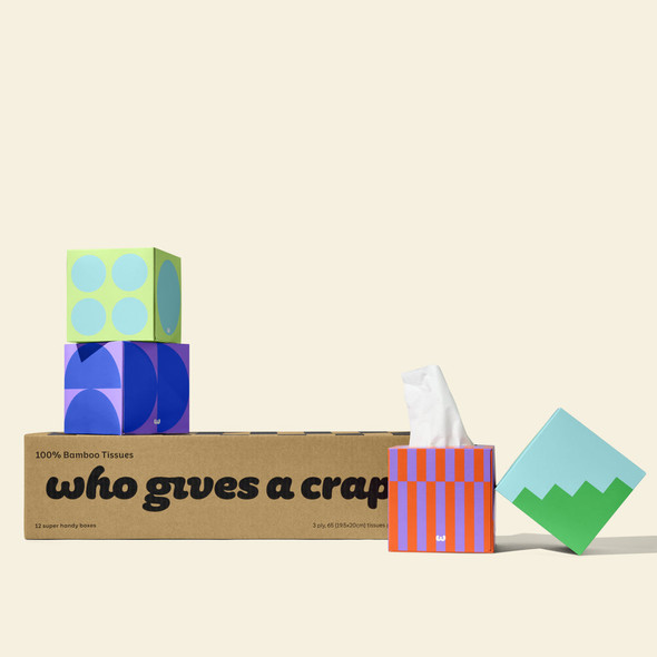 Three Who Gives A Crap bamboo tissue boxes with vibrant prints on beige background – 100% bamboo, 3-ply Three Who Gives A Crap bamboo tissue boxes with vibrant prints on beige background – 100% bamboo, 3-ply
