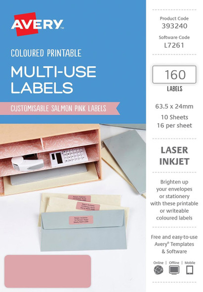 Avery #393240 Multi-Use Salmon Pink Coloured Labels 63.5x24mm, Laser, Inkjet, Permanent - 160 Labels/10 Sheets - Avery, averylabels, avery labels, avery products, place card holders, avery stickers | It's A Mega Thing