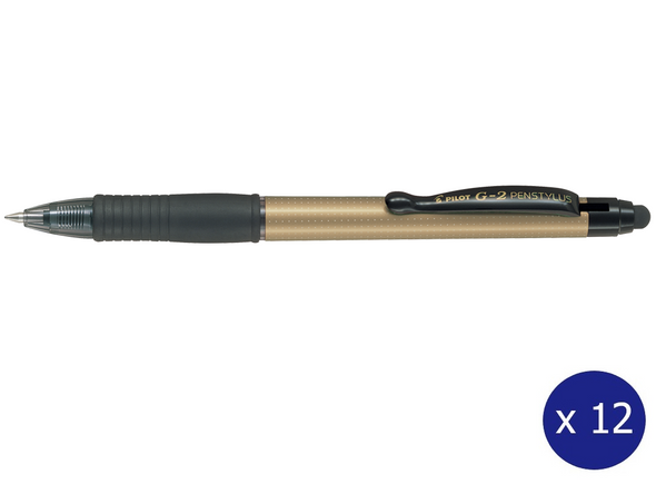 Pilot G-2 Penstylus Gel Pen 0.7mm Gold Barrel Black Ink Box of 12