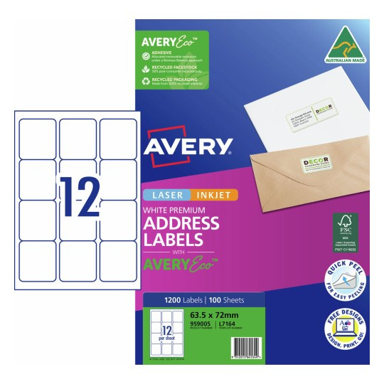 Avery 959005 premium address labels with AveryEco pack shot showing 12 labels per sheet 63.5 x 72mm pack of 100