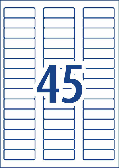 Label layout diagram showing 45 small rectangular labels per A4 sheet for 58 x 17.8mm size