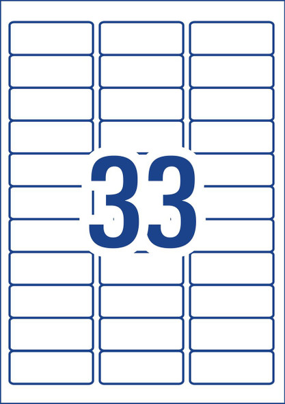 Label layout diagram showing 33 rectangular labels per A4 sheet for 64 x 24.3mm size