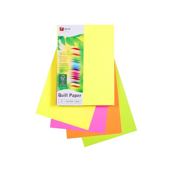 Quill Coloured Paper 80gsm A4 Fluoro Assorted Pack of 500