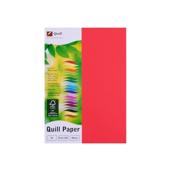 Quill Coloured Paper 80gsm A4 Red Pack of 100