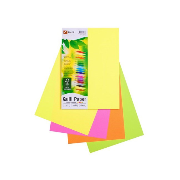 Quill Coloured Paper 80gsm A4 Fluoro Assorted Pack of 100
