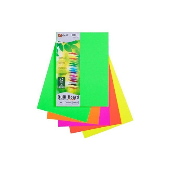 Quill Coloured Board 230gsm A4 Fluoro Assorted Pack of 50