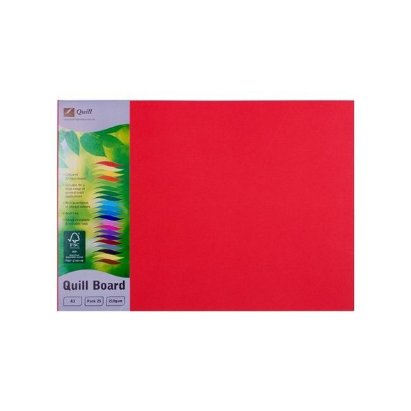Quill Coloured Board 210gsm A3 Red Pack of 25