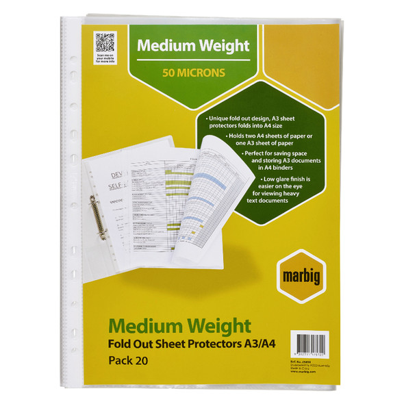 Marbig Sheet Protectors Medium Weight A3 Fold Out Clear Pack of 20