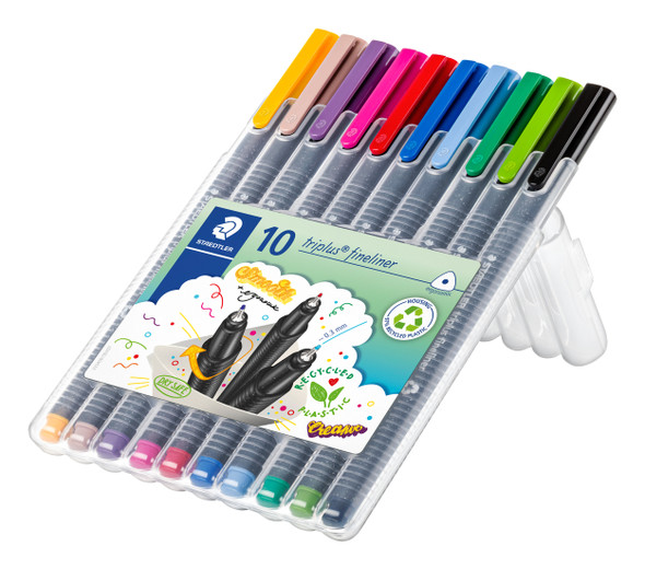 Staedtler 334 SB10 Triplus Fineliner Assorted Colours Wallet of 10 side view Staedtler 334 SB10 Triplus Fineliner Assorted Colours Wallet of 10 side view