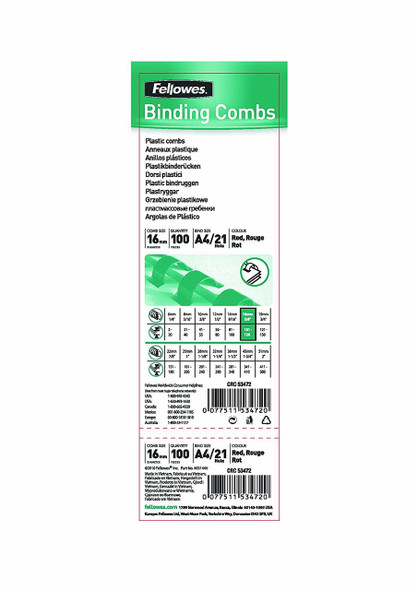 Plastic Binding Combs 21 Ring 16mm Round Blue Pack 100 Fellowes